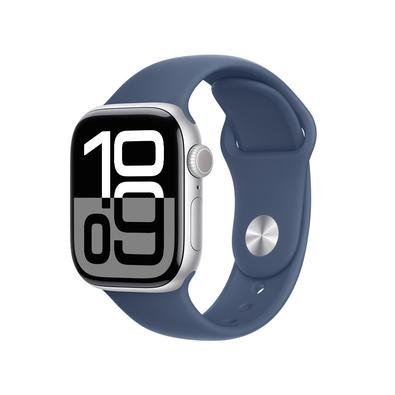 Imagem Apple Watch Series 10 GPS, Caixa Prateada de Alumínio de 42 mm, Pulseira Esportiva Denim, Tamanho P/M - MWWA3AM/A