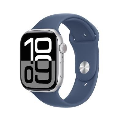 Imagem Apple Watch Series 10 GPS, Caixa Prateada de Alumínio de 46 mm, Pulseira Esportiva Denim, Tamanho M/G - MWWM3AM/A