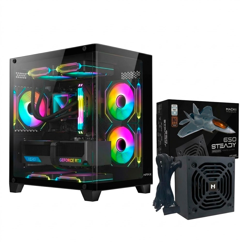 Gabinete Gamer Hyrax HGB750, Frontal Curvo, Mini Tower + Fonte MACH1 Steady, 650W Gabinete Gamer Hyrax HGB750, Frontal Curvo, Mini Tower + Fonte MACH1 Steady, 650W