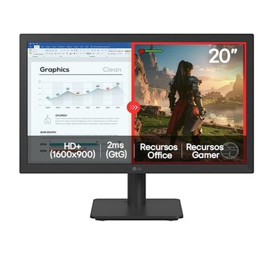 Monitor LG 20U401A-B, 19.5" HD, 60Hz, VGA e HDMI, Reader Mode, Screen Split, Preto - 20U401A-B.AWZM