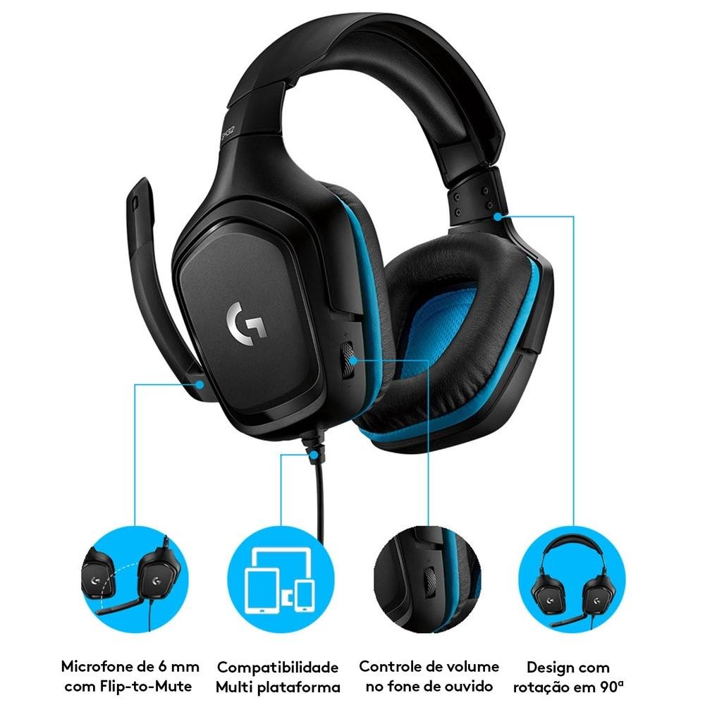 Headset Gamer Logitech G432 7.1 Dolby Surround para PC, PlayStation, Xbox e Nintendo Switch, Preto/Azul - 981-000769