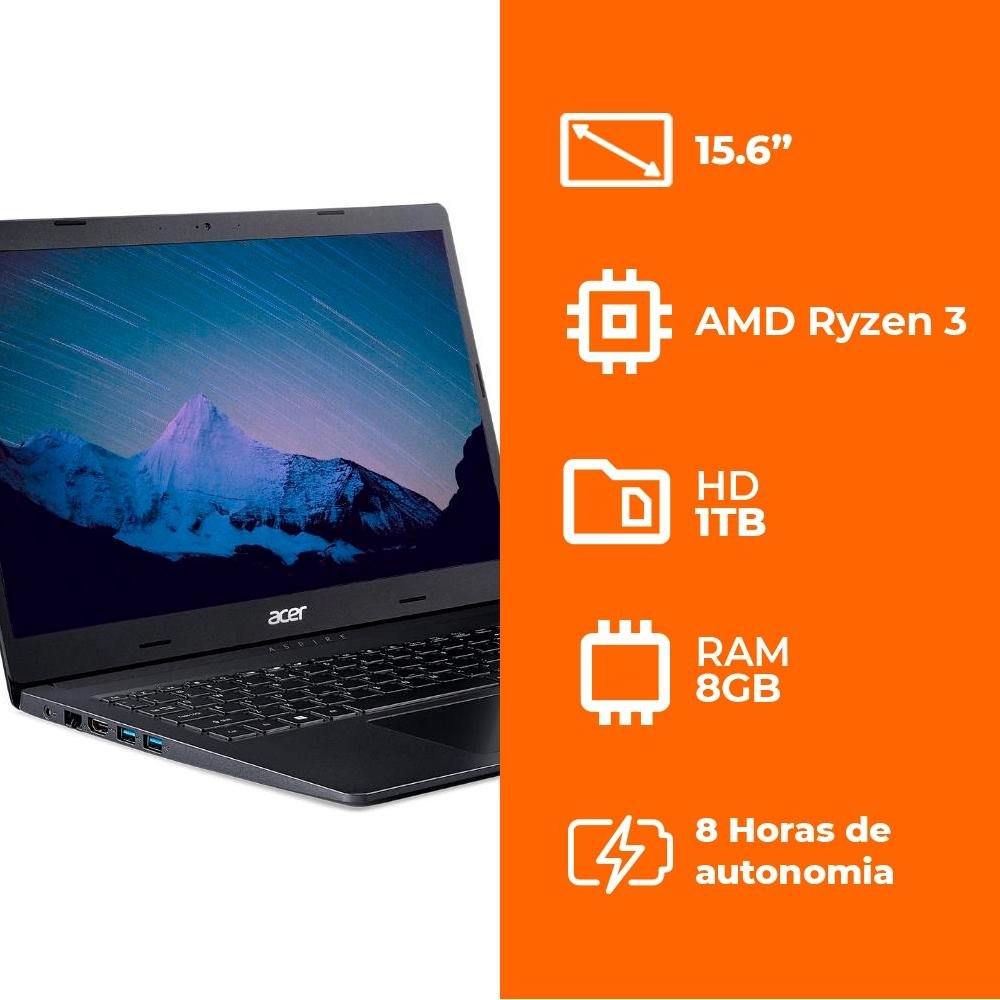 Notebook Acer Aspire 3 AMD Ryzen 3-3250U, 8GB RAM, 1TB, 15.6", Windows 10 Home, - A315-23-R6DJ