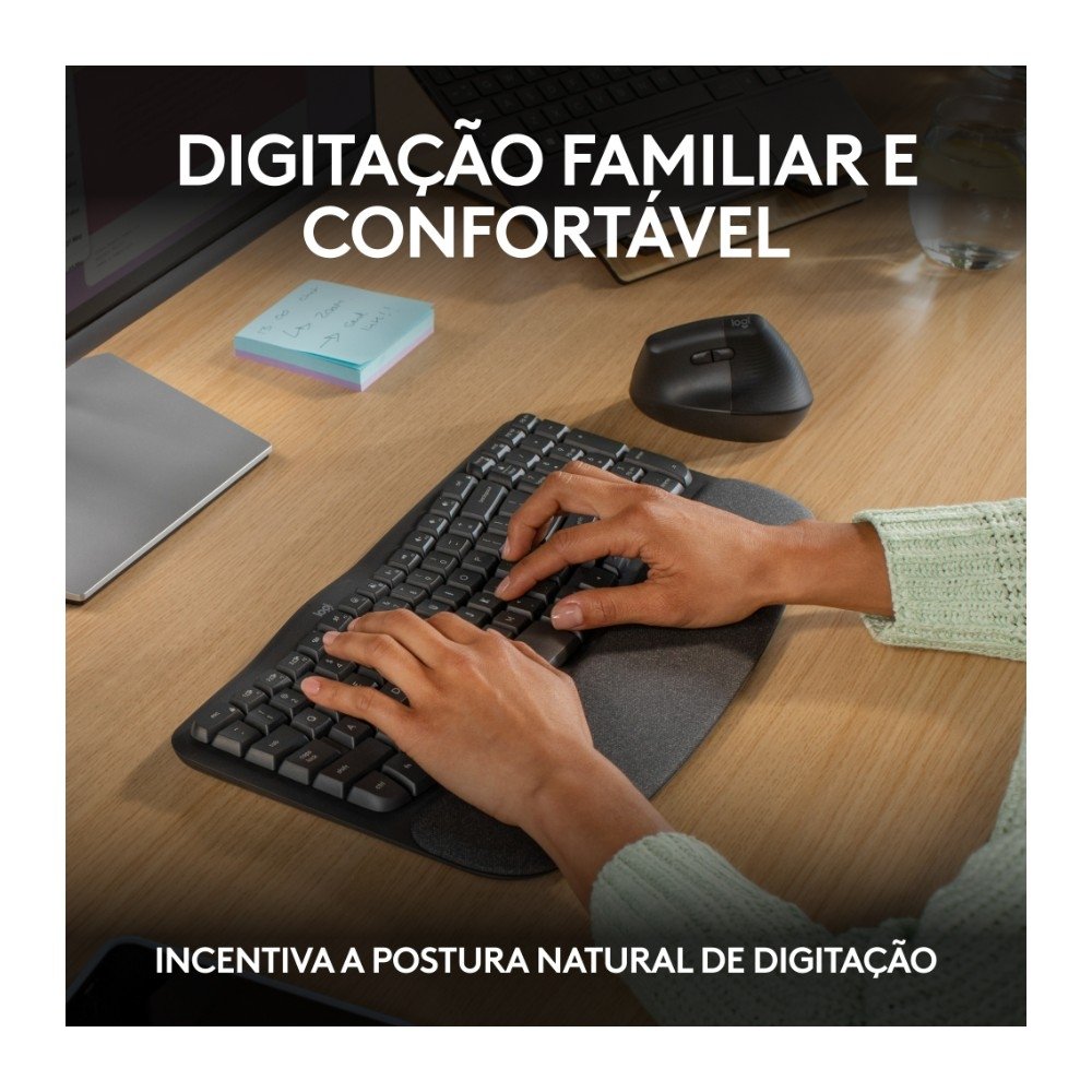 Teclado sem fio Logitech ERGO K860 com Layout Dividido, Suporte para Descanso de Pulso, Conexão Bluetooth e USB, Windows e Mac - 920-009169