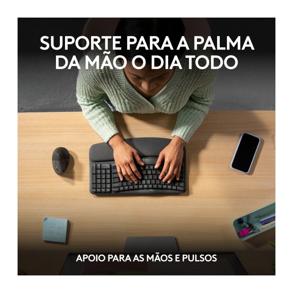 Teclado sem fio Logitech ERGO K860 com Layout Dividido, Suporte para Descanso de Pulso, Conexão Bluetooth e USB, Windows e Mac - 920-009169