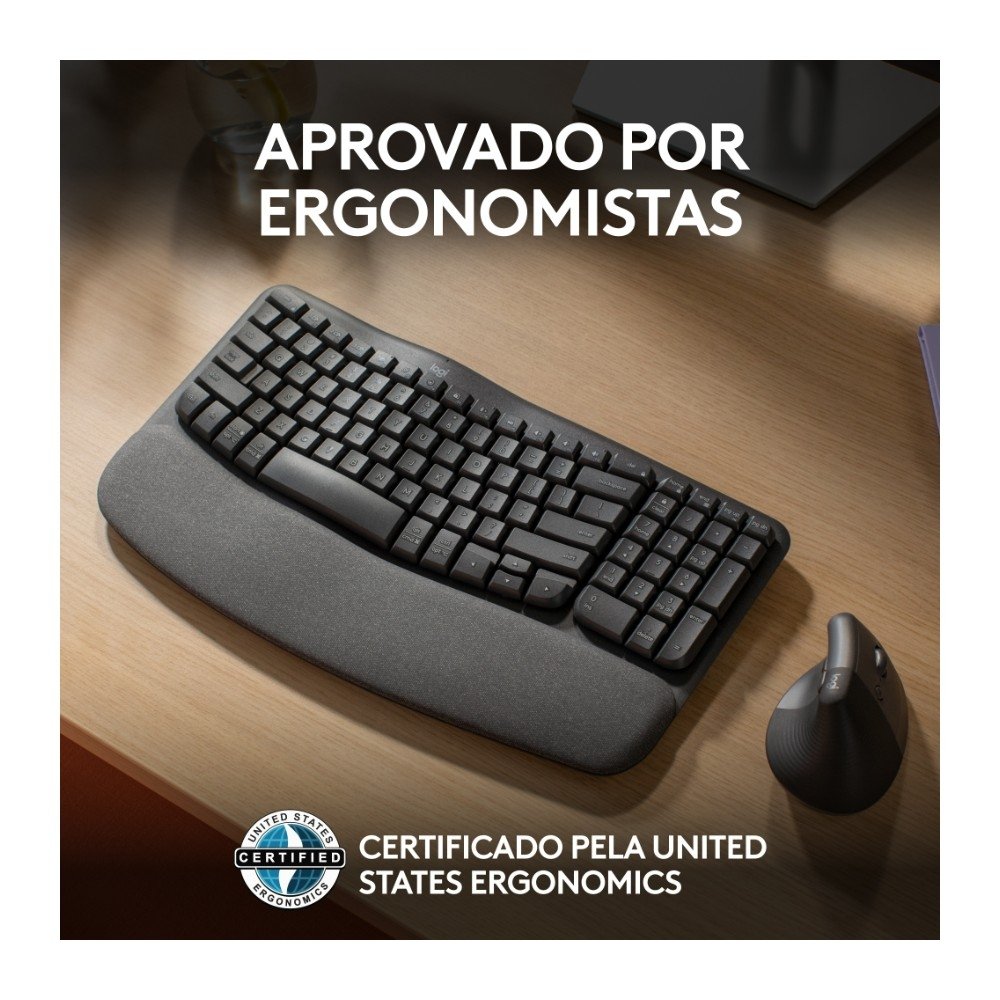 Teclado sem fio Logitech ERGO K860 com Layout Dividido, Suporte para Descanso de Pulso, Conexão Bluetooth e USB, Windows e Mac - 920-009169