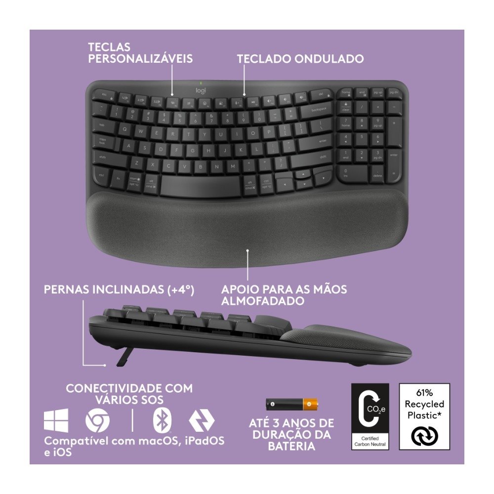 Teclado sem fio Logitech ERGO K860 com Layout Dividido, Suporte para Descanso de Pulso, Conexão Bluetooth e USB, Windows e Mac - 920-009169