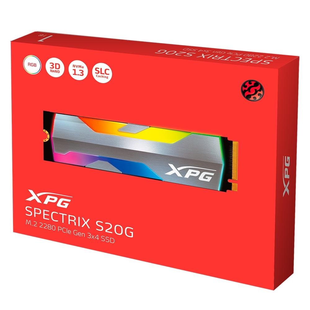 SSD XPG Spectrix S20G, 1TB, M.2 2280, PCIe Gen3x4, Leitura: 2500 MB/s e Gravação: 1800 MB/s, 3D NAND, RainboW - ASPECTRIXS20G-1T-C SSD XPG Spectrix S20G, 1TB, M.2 2280, PCIe Gen3x4, Leitura: 2500 MB/s e Gravação: 1800 MB/s, 3D NAND, RainboW - ASPECTRIXS20G-1T-C