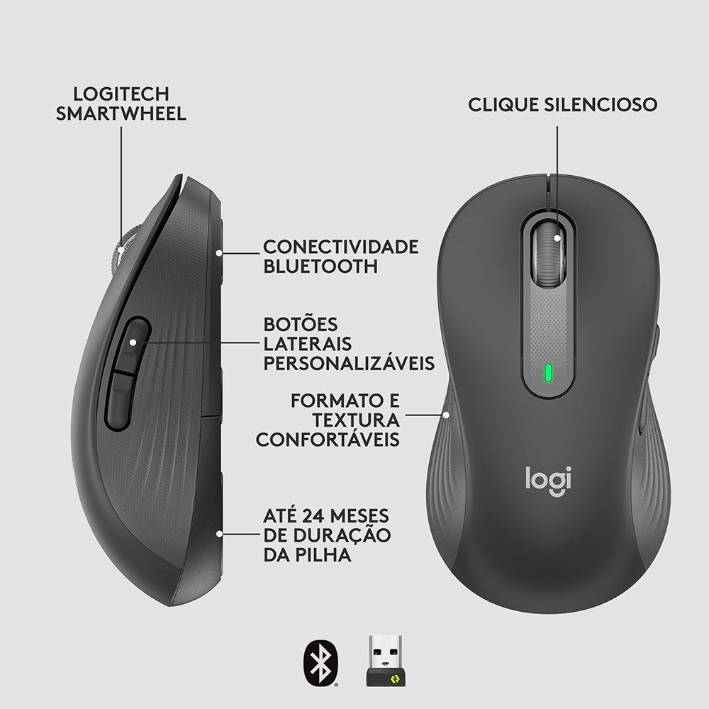 Mouse Sem Fio Logitech Signature M650 L Esquerdo, 2000 DPI, para Canhotos, Bluetooth, USB, Grafite - 910-006234
