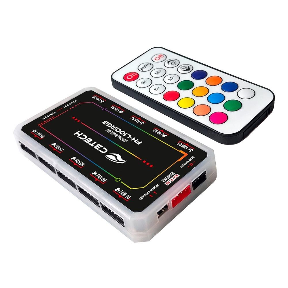 Controlador de Fan C3Tech, Conector ARGB, Conexão de 10 Coolers, 2 fitas Leds, Controle Remoto - FH-L100RGB Controlador de Fan C3Tech, Conector ARGB, Conexão de 10 Coolers, 2 fitas Leds, Controle Remoto - FH-L100RGB