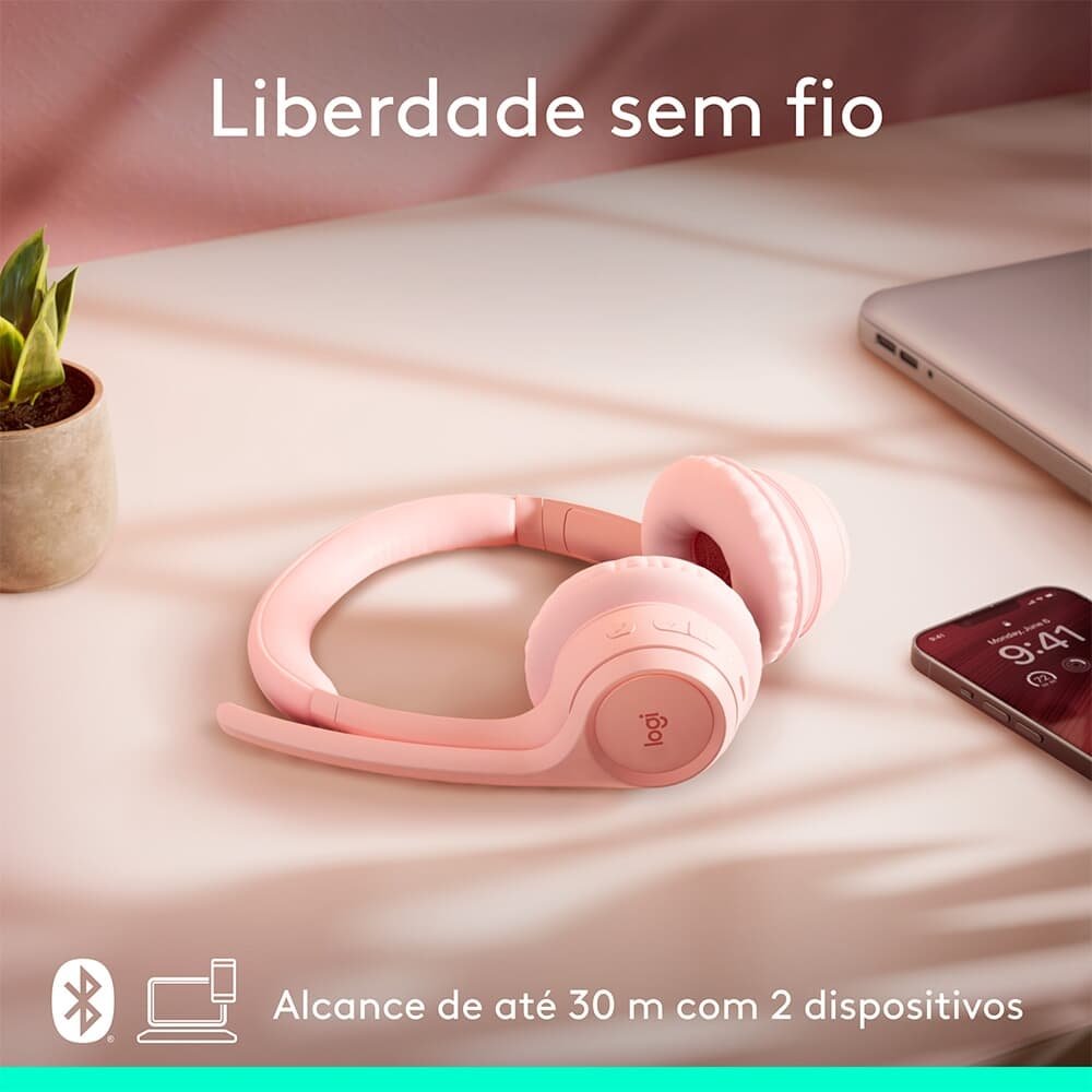 Headset Sem Fio Logitech Zone 300 Com Microfone com Cancelamento de Ruído, Conexão Bluetooth, Bateria Recarregável via USB-C, Rosa - 981-001411