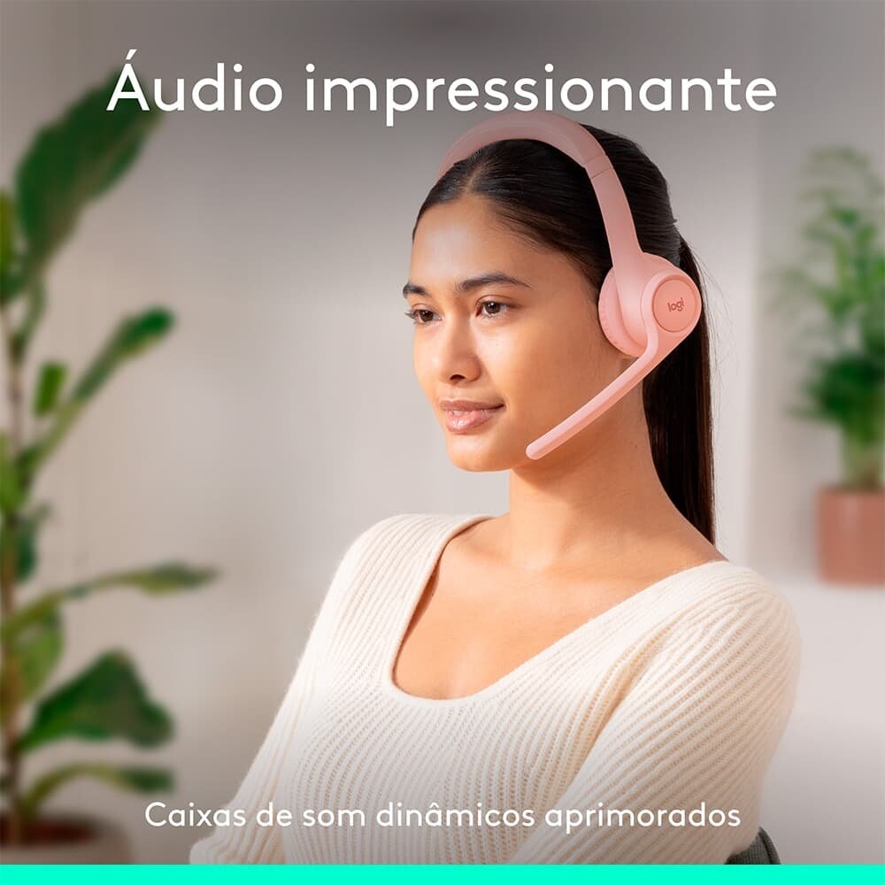 Headset Sem Fio Logitech Zone 300 Com Microfone com Cancelamento de Ruído, Conexão Bluetooth, Bateria Recarregável via USB-C, Rosa - 981-001411