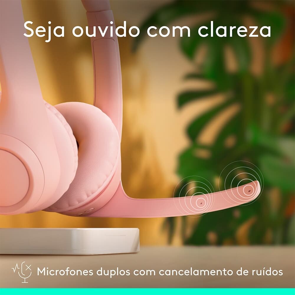 Headset Sem Fio Logitech Zone 300 Com Microfone com Cancelamento de Ruído, Conexão Bluetooth, Bateria Recarregável via USB-C, Rosa - 981-001411