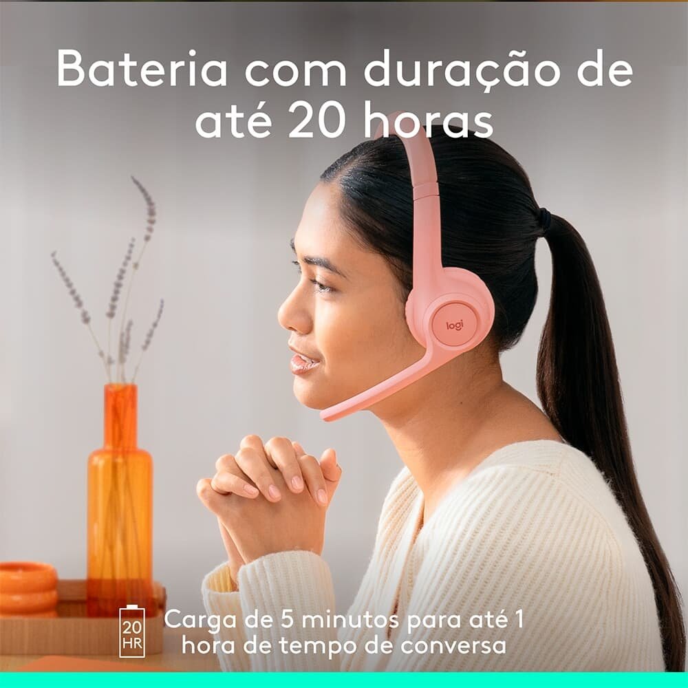 Headset Sem Fio Logitech Zone 300 Com Microfone com Cancelamento de Ruído, Conexão Bluetooth, Bateria Recarregável via USB-C, Rosa - 981-001411