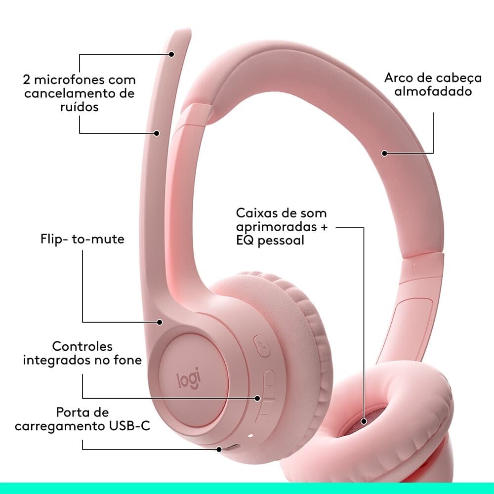 Headset Sem Fio Logitech Zone 300 Com Microfone com Cancelamento de Ruído, Conexão Bluetooth, Bateria Recarregável via USB-C, Rosa - 981-001411