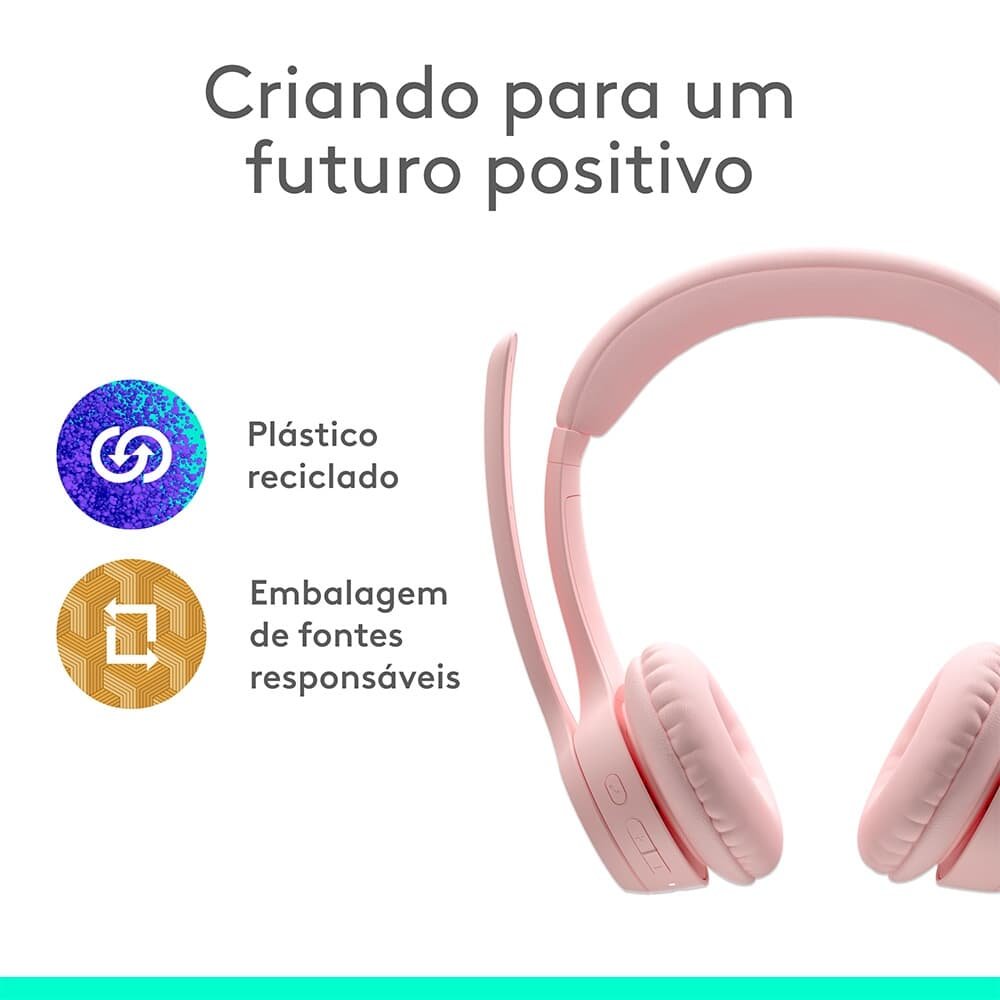 Headset Sem Fio Logitech Zone 300 Com Microfone com Cancelamento de Ruído, Conexão Bluetooth, Bateria Recarregável via USB-C, Rosa - 981-001411