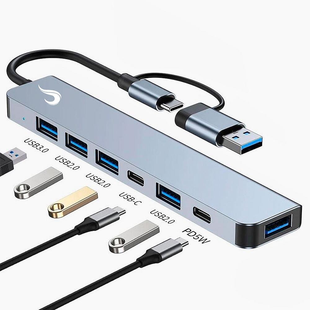 HUB Rise Mode 04 USB-C 3.0, 7 em 1, para 4x USB 2.0, 2x USB-C, 1x USB 3.0, Cinza - RM-HUB-04 HUB Rise Mode 04 USB-C 3.0, 7 em 1, para 4x USB 2.0, 2x USB-C, 1x USB 3.0, Cinza - RM-HUB-04