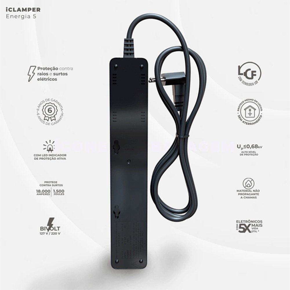 Filtro de Linha DPS IClamper, 5 Conexões, Preto - 23459 Filtro de Linha DPS IClamper, 5 Conexões, Preto - 23459