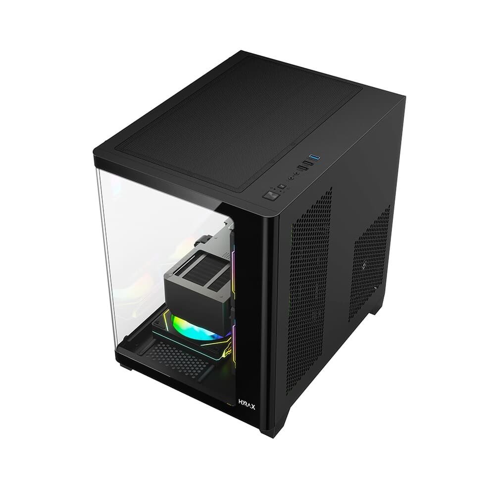 Gabinete Gamer Hyrax HGB750, Mini Tower, M-ATX, Frontal Curvo e Lateral em Vidro Temperado, Sem FANs, Preto - HGB750B Gabinete Gamer Hyrax HGB750, Mini Tower, M-ATX, Frontal Curvo e Lateral em Vidro Temperado, Sem FANs, Preto - HGB750B