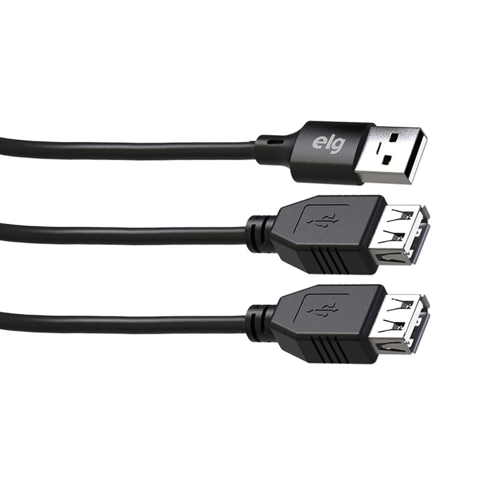Cabo Extensor ELG USB 2.0 e com 1 Porta Macho e 2 Fêmeas, 1.5m, Preto - USBY2