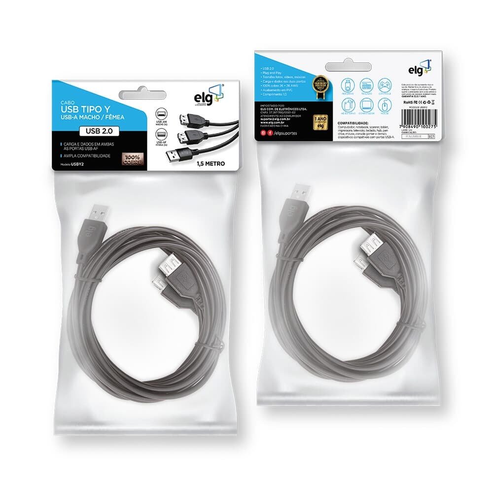 Cabo Extensor ELG USB 2.0 e com 1 Porta Macho e 2 Fêmeas, 1.5m, Preto - USBY2