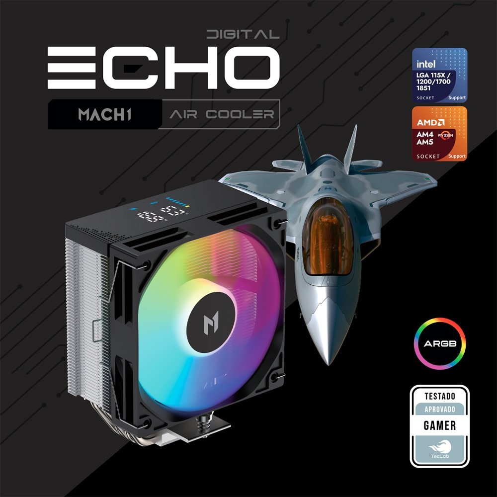 Air Cooler MACH1 ECHO DIGITAL Digital, ARGB, AMD e Intel, 120mm, Preto - P50i DIG ARGB Air Cooler MACH1 ECHO DIGITAL Digital, ARGB, AMD e Intel, 120mm, Preto - P50i DIG ARGB