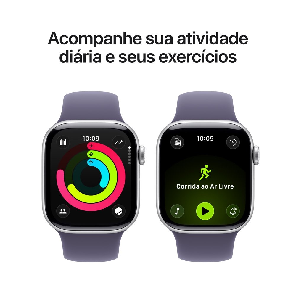 Apple Watch Series 11 GPS, Caixa Prateada de Alumínio de 42 mm, Pulseira Esportiva Roxo-névoa, Tamanho P/M - MEU64AM/A