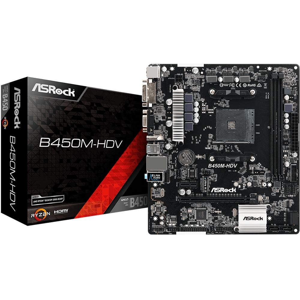 Placa-Mãe ASRock B450M-HDV, AMD AM4, mATX, DDR4 Placa-Mãe ASRock B450M-HDV, AMD AM4, mATX, DDR4