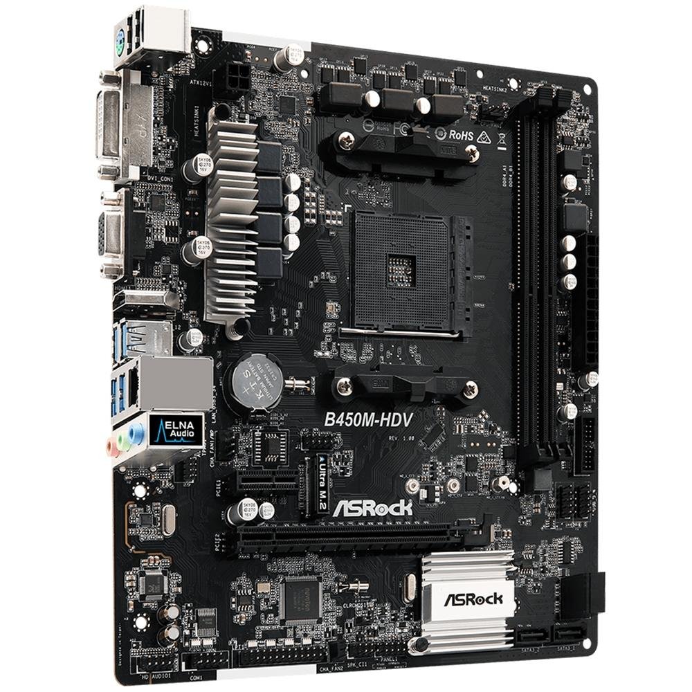 Placa-Mãe ASRock B450M-HDV, AMD AM4, mATX, DDR4 Placa-Mãe ASRock B450M-HDV, AMD AM4, mATX, DDR4