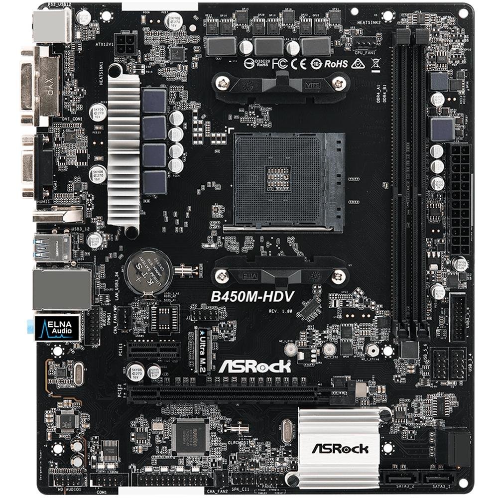 Placa-Mãe ASRock B450M-HDV, AMD AM4, mATX, DDR4 Placa-Mãe ASRock B450M-HDV, AMD AM4, mATX, DDR4