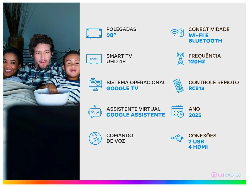 Smart TV 98" TCL UHD 4K MINILED 98C6K 120Hz Google TV AiPQ Pro Google Assistente 4 HDMI 2 USB