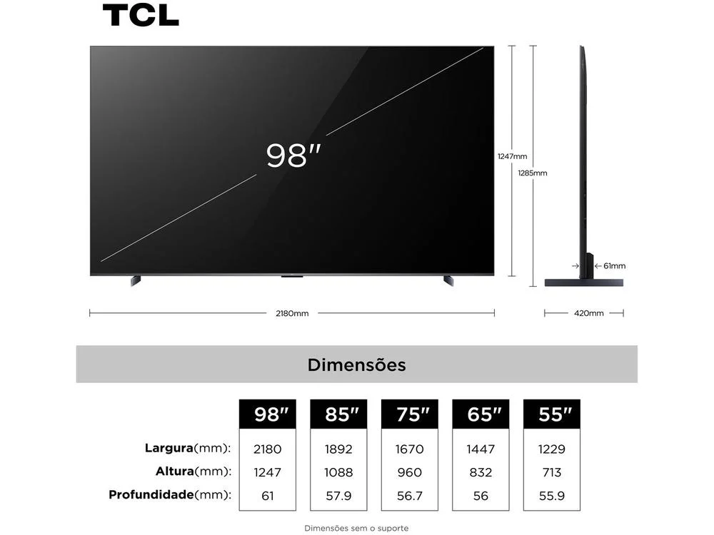 Smart TV 98" TCL UHD 4K MINILED 98C6K 120Hz Google TV AiPQ Pro Google Assistente 4 HDMI 2 USB