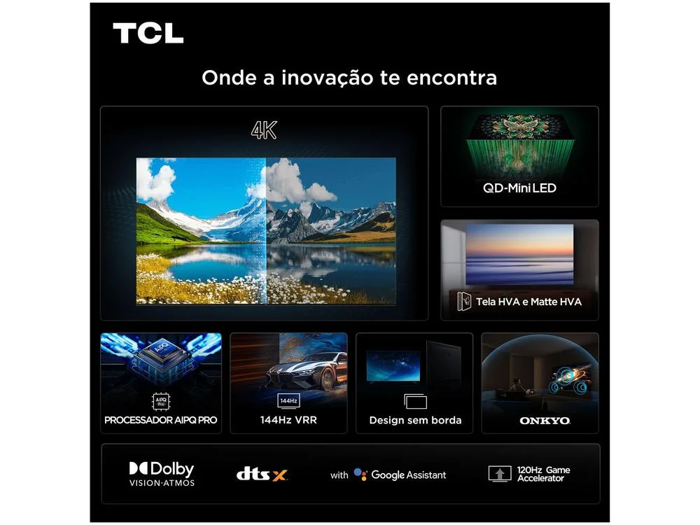 Smart TV 98" TCL UHD 4K MINILED 98C6K 120Hz Google TV AiPQ Pro Google Assistente 4 HDMI 2 USB