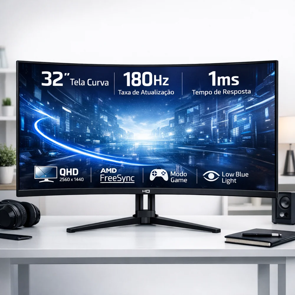Monitor Gamer Hq Ultra 32" Curvo 1ms, 180hz, Quad Hd (qhd) - 2560x1440, Amd Freesync, HDMI, Dp, Hq32c180