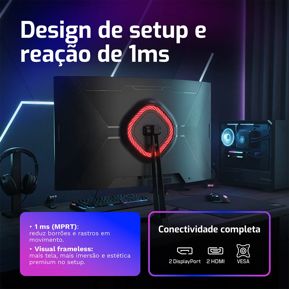 Monitor Gamer Hq Ultra 32" Curvo 1ms, 180hz, Quad Hd (qhd) - 2560x1440, Amd Freesync, HDMI, Dp, Hq32c180