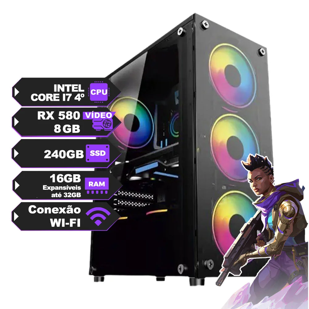 PC Gamer Intel Core I7 4º 4770 c/ 4 Núcleos, Placa de Vídeo dedicada Rx 580 8GB, SSD 240GB, Ram 16gb e Wi-Fi