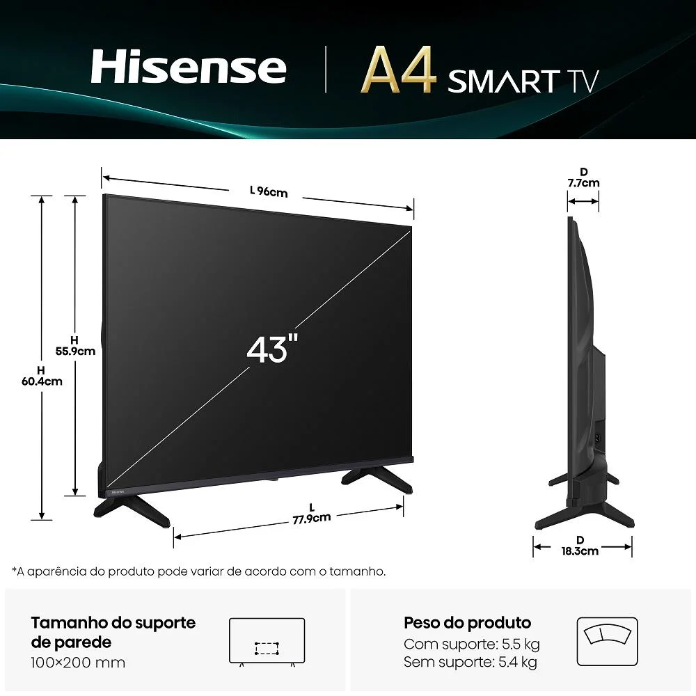 Smart Tv Hisense DLED Full Hd 43"" 43a4nv Com Processador Ai Hdr10 Dts Virtual X Dlna Alexa E Google - view 4