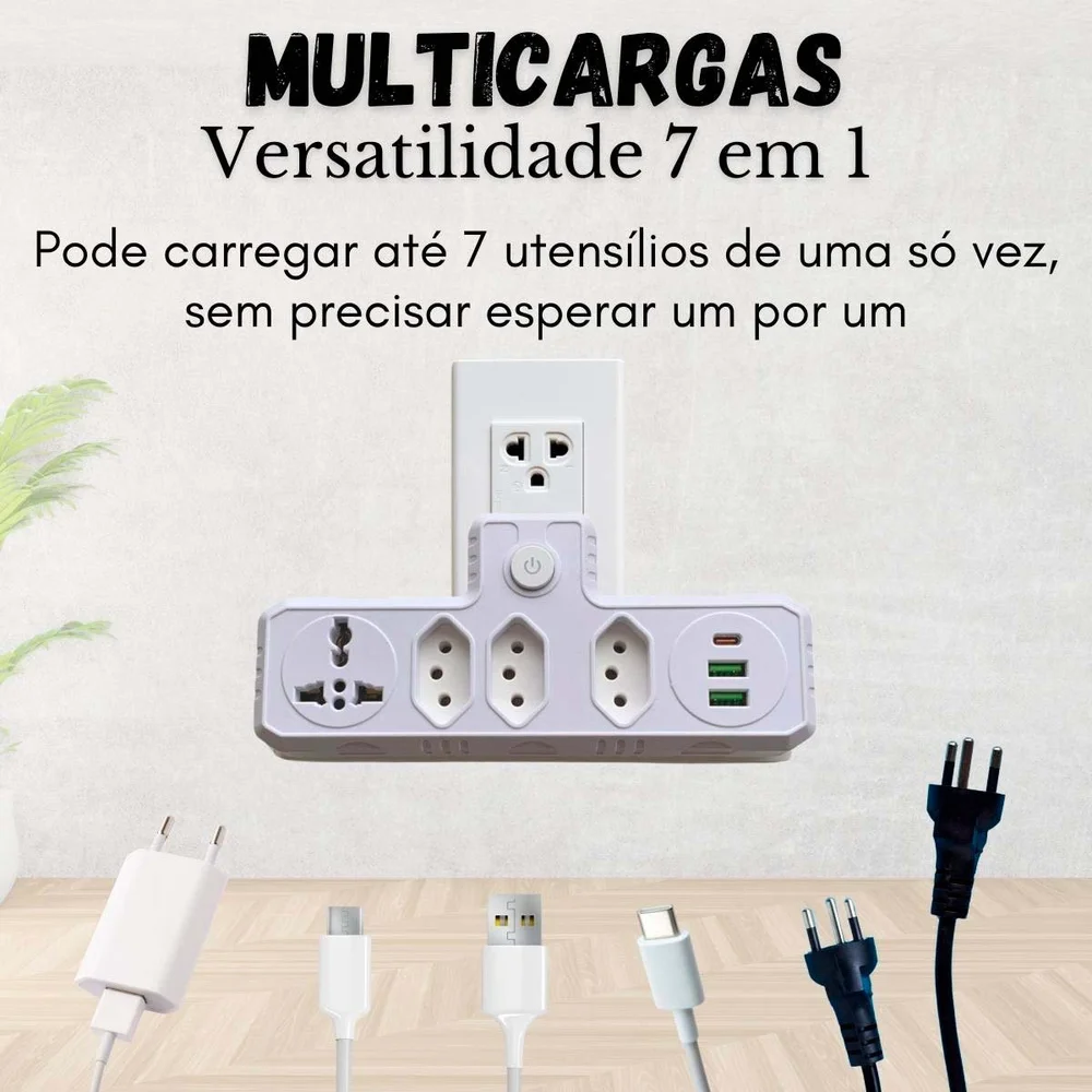 Filtro De Linha Benjamin Adaptador Universal 2 Usb Rapido 1 Tipo C Com Tomada Internacional E 3 Tomada 3p Bivolt - Preto