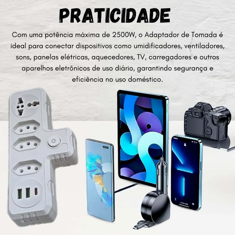 Filtro De Linha Benjamin Adaptador Universal 2 Usb Rapido 1 Tipo C Com Tomada Internacional E 3 Tomada 3p Bivolt - Preto
