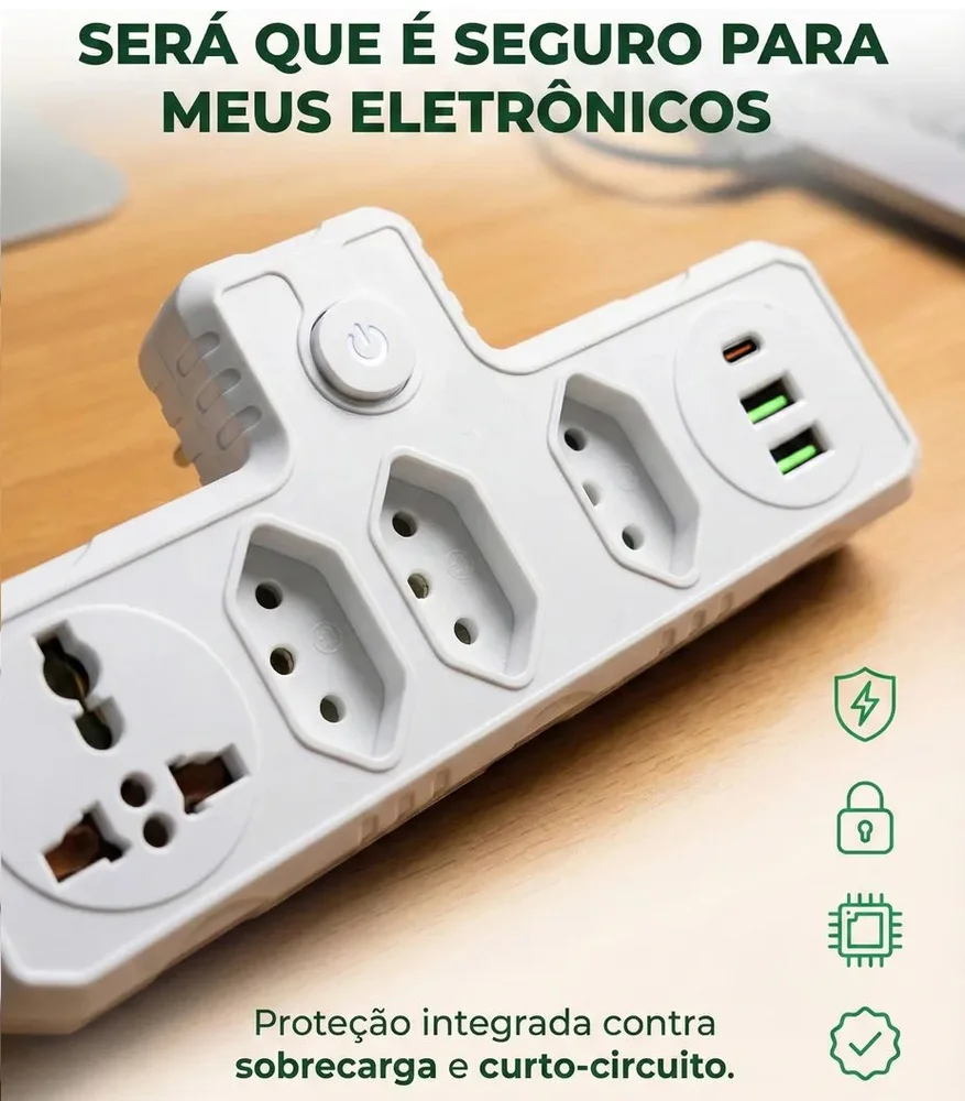 Filtro De Linha Benjamin Adaptador Universal 2 Usb Rapido 1 Tipo C Com Tomada Internacional E 3 Tomada 3p Bivolt - Preto