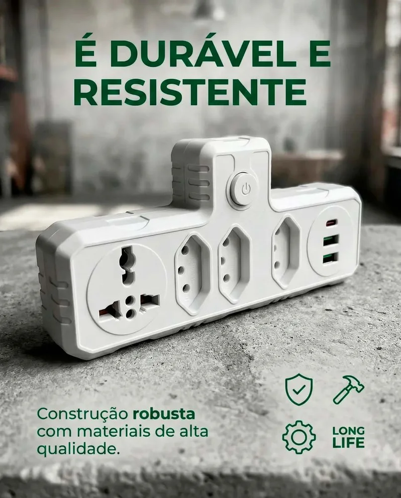 Filtro De Linha Benjamin Adaptador Universal 2 Usb Rapido 1 Tipo C Com Tomada Internacional E 3 Tomada 3p Bivolt - Preto