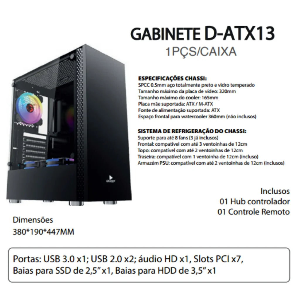 Gabinete PC Gamer RGB Vidro Temperado Atx M-atx Controle Remoto Suporte Watercooler 360mm D-atx13 Gabinete PC Gamer RGB Vidro Temperado Atx M-atx Controle Remoto Suporte Watercooler 360mm D-atx13