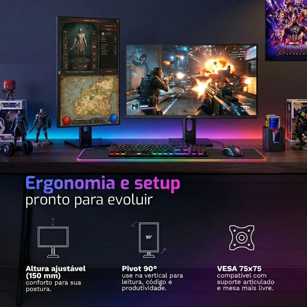 Monitor Gamer Hq 27”, Ips, 1ms, Qhd 2560x1440, Ergonômico, Ajuste De Altura E Rotação, HDMI, Dp,vesa, Frameless Hq27aj75g - foto 2