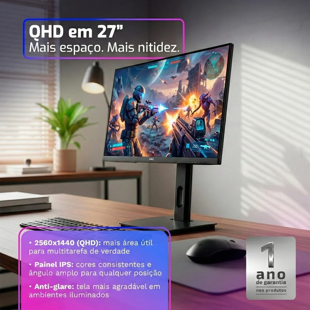 Monitor Gamer Hq 27”, Ips, 1ms, Qhd 2560x1440, Ergonômico, Ajuste De Altura E Rotação, HDMI, Dp,vesa, Frameless Hq27aj75g - foto 4