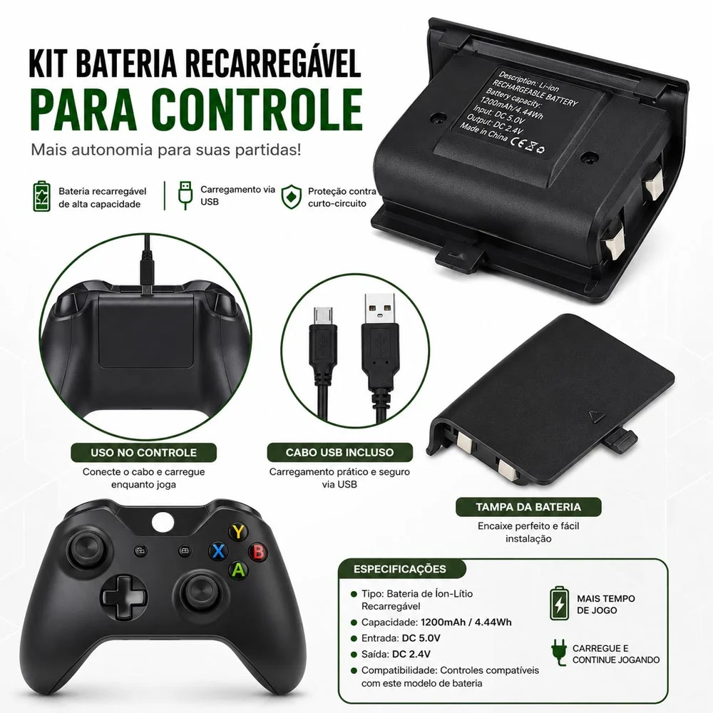 2 Baterias E Cabo Carregador Compatíveis Com X Box One 2 Baterias E Cabo Carregador Compatíveis Com X Box One