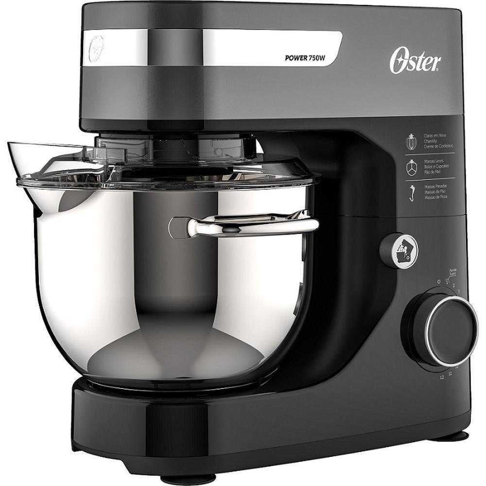 Batedeira Planetária Oster 4L, 750W, 220V, 3 Batedores, 12 Velocidades, Tampa Antirrespingo Preto e Inox - Oba651