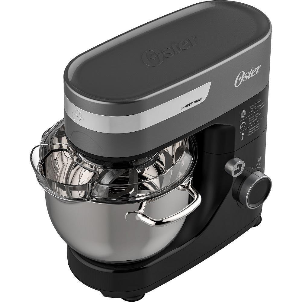 Batedeira Planetária Oster 4L, 750W, 220V, 3 Batedores, 12 Velocidades, Tampa Antirrespingo Preto e Inox - Oba651