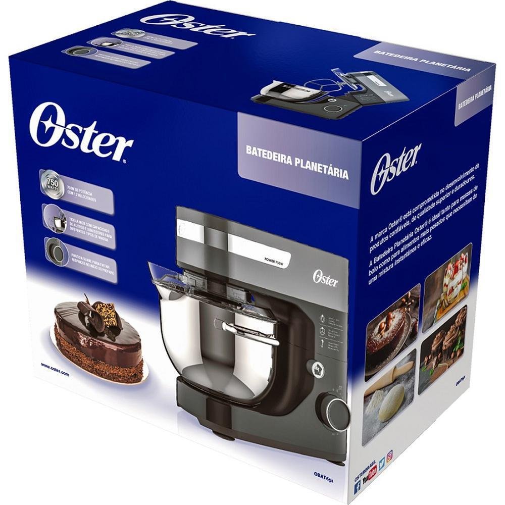 Batedeira Planetária Oster 4L, 750W, 220V, 3 Batedores, 12 Velocidades, Tampa Antirrespingo Preto e Inox - Oba651