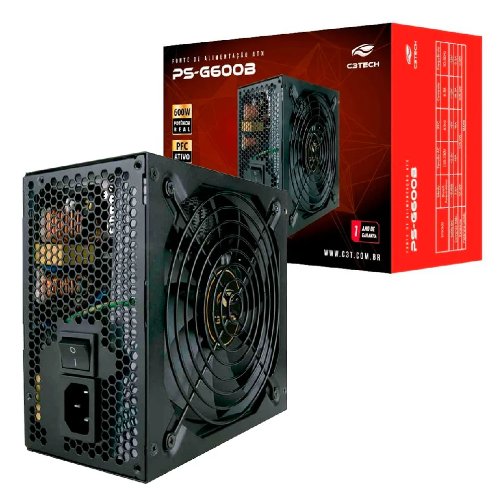 Fonte C3Tech Gamer ATX, 600W, 80 Plus Bronze, PFC Ativo, Bivolt Automático, PS-G600B Fonte C3Tech Gamer ATX, 600W, 80 Plus Bronze, PFC Ativo, Bivolt Automático, PS-G600B