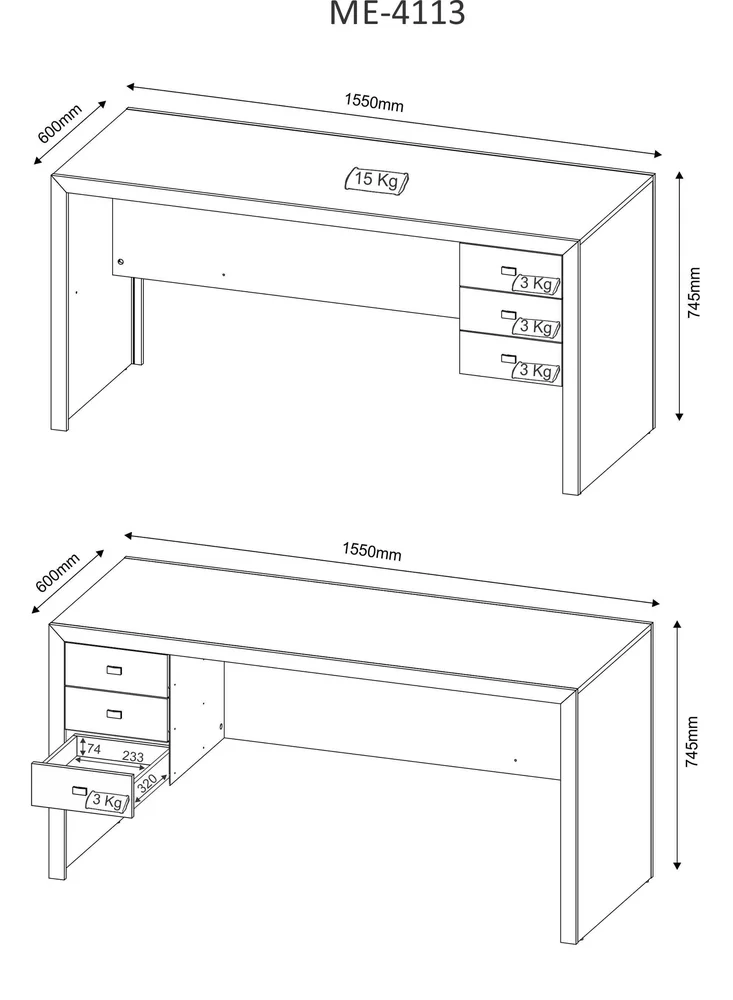 Mesa para Escritorio 3 Gav Me 4113 Nogal - Tecno Mobili