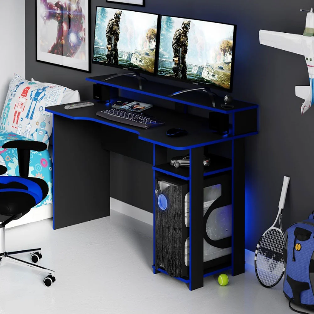 Mesa Gamer para Computador Tecno Mobili Me4153, 2 Prateleiras, Espaço para 2 monitores, Preto e Azul Mesa Gamer para Computador Tecno Mobili Me4153, 2 Prateleiras, Espaço para 2 monitores, Preto e Azul